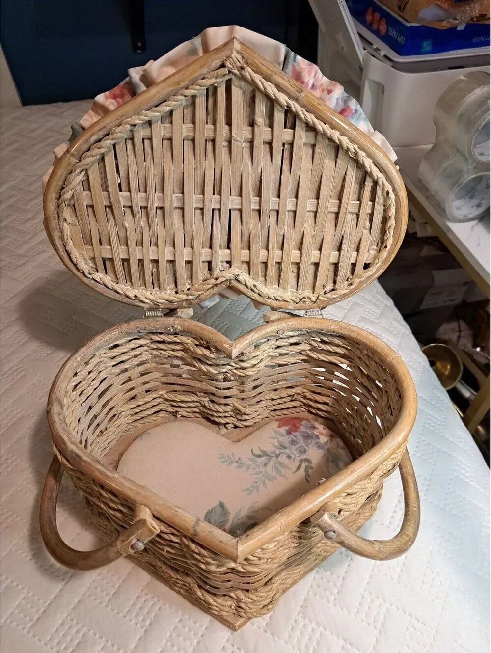 Vintage Heart-Shaped Wicker Storage Basket w Padded Floral Fabric & Lace Top